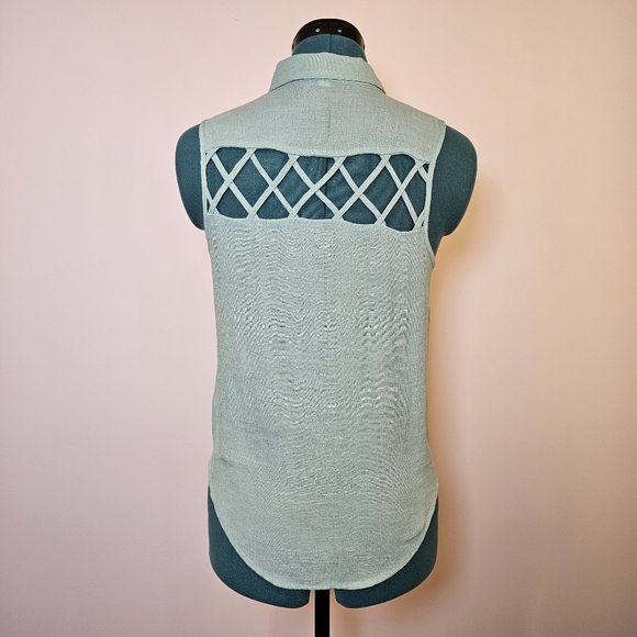 Mine teal sleeveless button down front tie fitted shirt top size S US - Picture 6 of 10